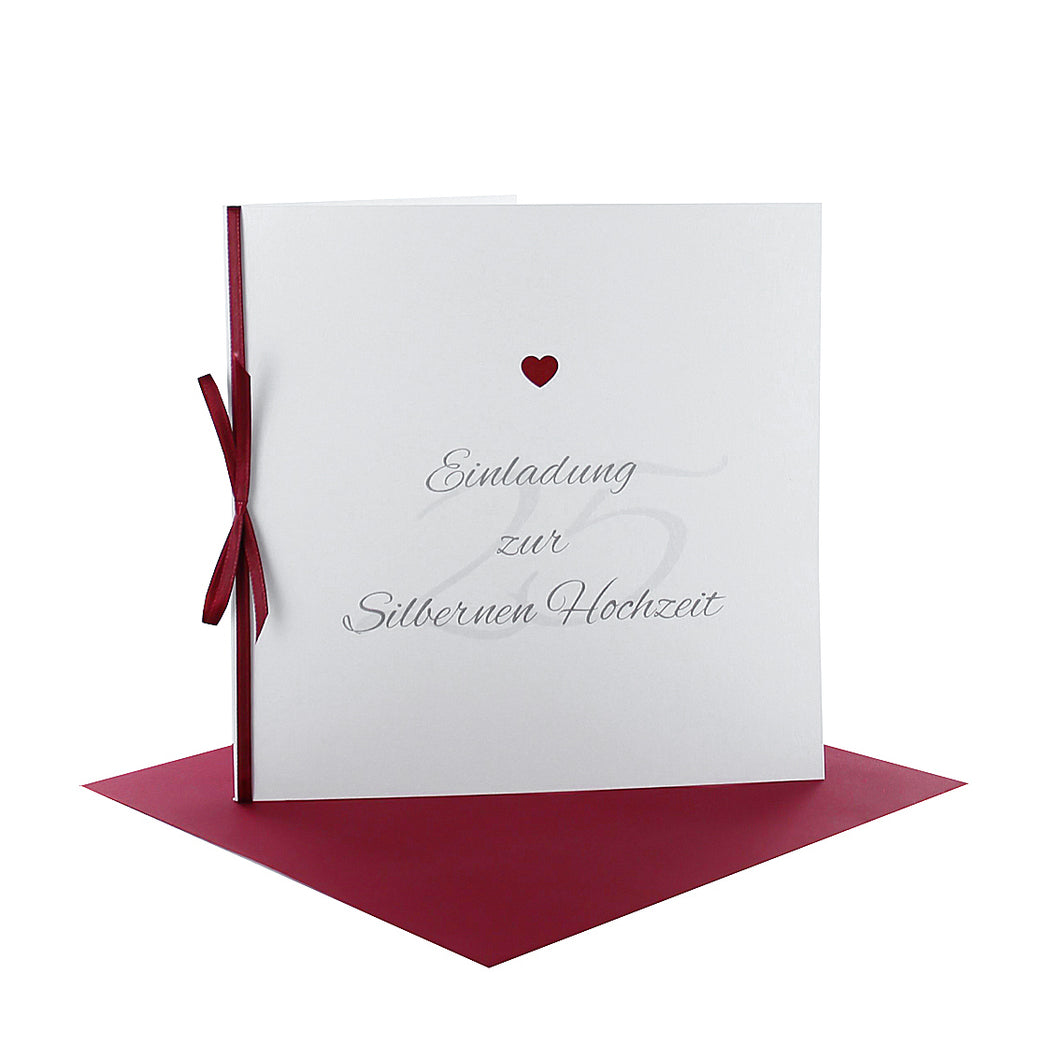 Einladungskarte silberne Hochzeit perlmutt weiß quadratisch 25 Schleif