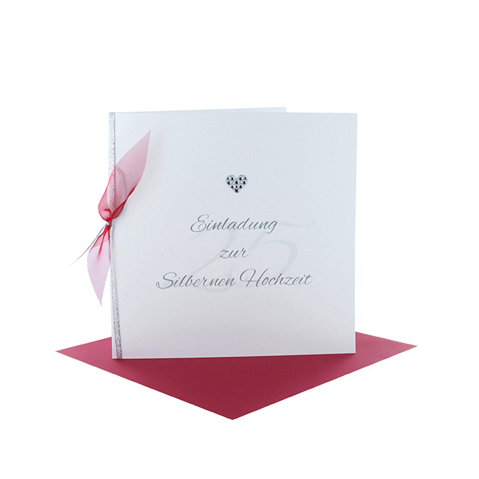 Einladungskarte silberne Hochzeit perlmutt weiß quadratisch Schleife