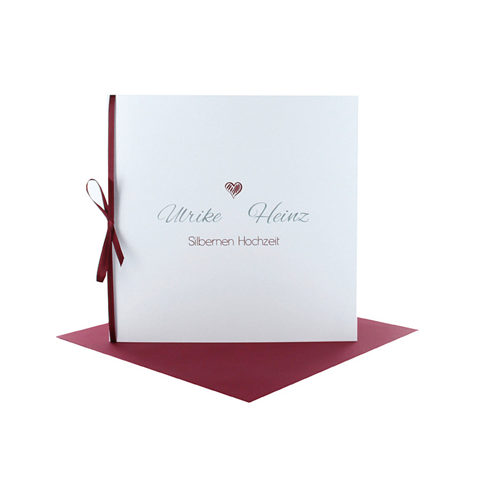 Einladungskarte silberne Hochzeit perlmutt quadratisch Schleife Herz