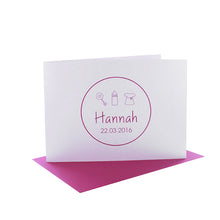 Lade das Bild in den Galerie-Viewer, Geburtskarte mit Kuvert in verschiedenen Farben mit Symbolen und Kreis, B6 quer, inkl. Name