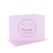 Lade das Bild in den Galerie-Viewer, Geburtskarte mit Kuvert in verschiedenen Farben mit Symbolen und Kreis, B6 quer, inkl. Name