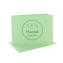 Lade das Bild in den Galerie-Viewer, Geburtskarte mit Kuvert in verschiedenen Farben mit Symbolen und Kreis, B6 quer, inkl. Name