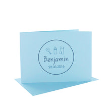 Lade das Bild in den Galerie-Viewer, Geburtskarte mit Kuvert in verschiedenen Farben mit Symbolen und Kreis, B6 quer, inkl. Name