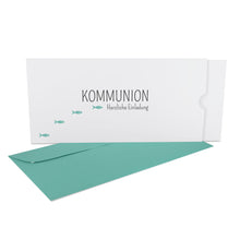Lade das Bild in den Galerie-Viewer, Kommunion Einladung Schuber "Herzliche Einladung" mit Fischen in Verschiedenen Farben
