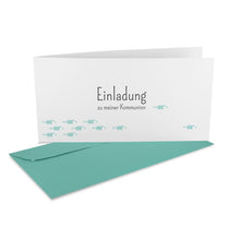 Lade das Bild in den Galerie-Viewer, Kommunion Einladung DIN Lang "Einladung" mit Fischschwarm in Verschiedenen Farben