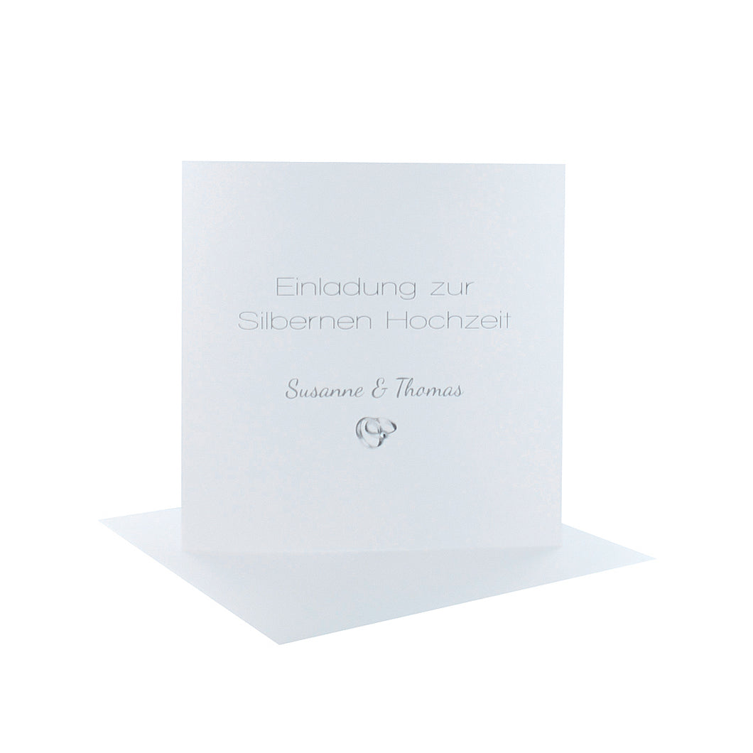 Einladungskarte silberne Hochzeit perlmutt weiß quadratisch Ringe